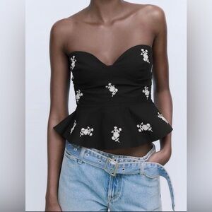 Zara Strapless Peplum Top embroidered white floral‎ detail